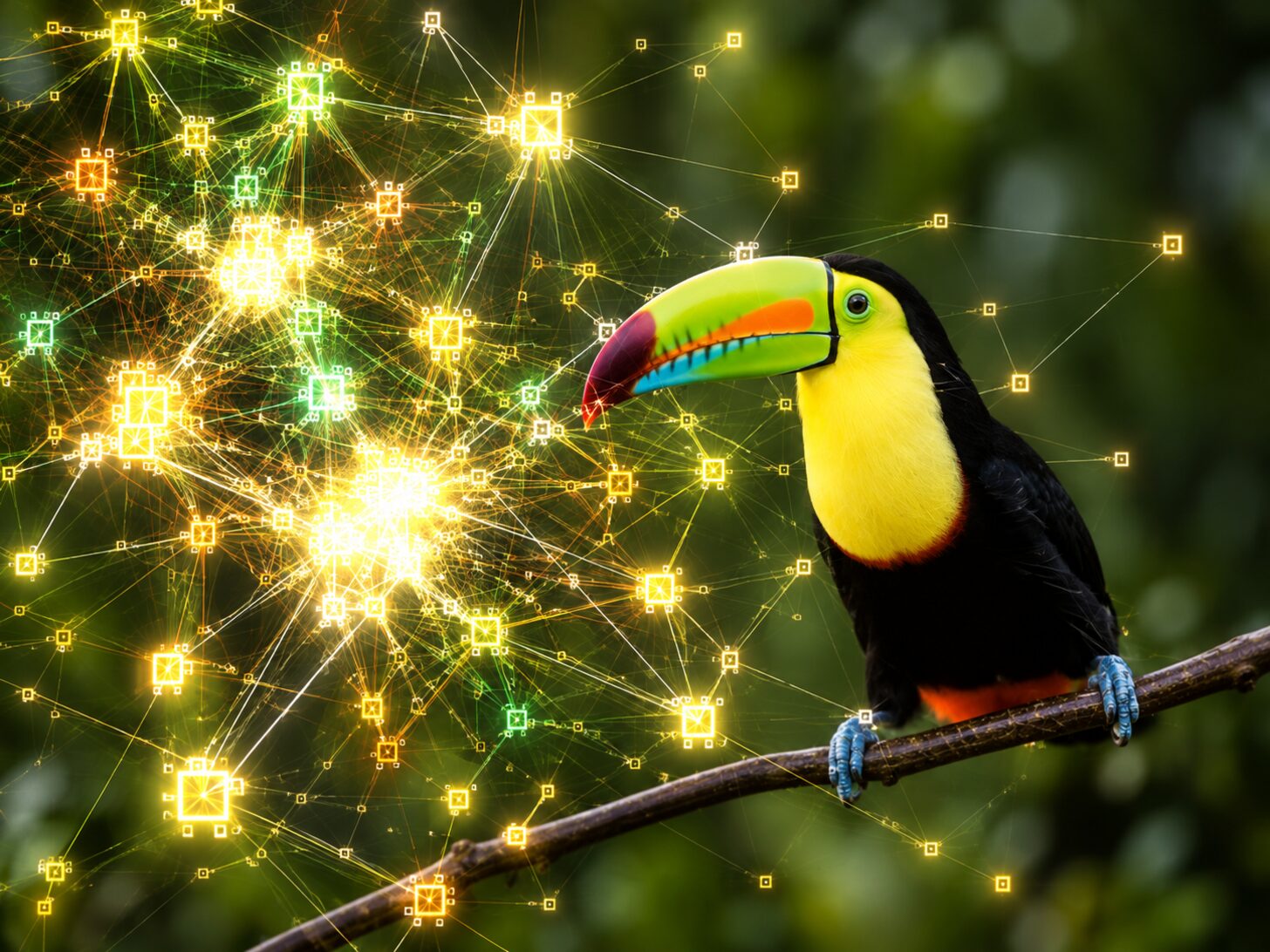 A keel-billed toucan overlaid with a neural network graph, representing the EchoFeather bird species identification project