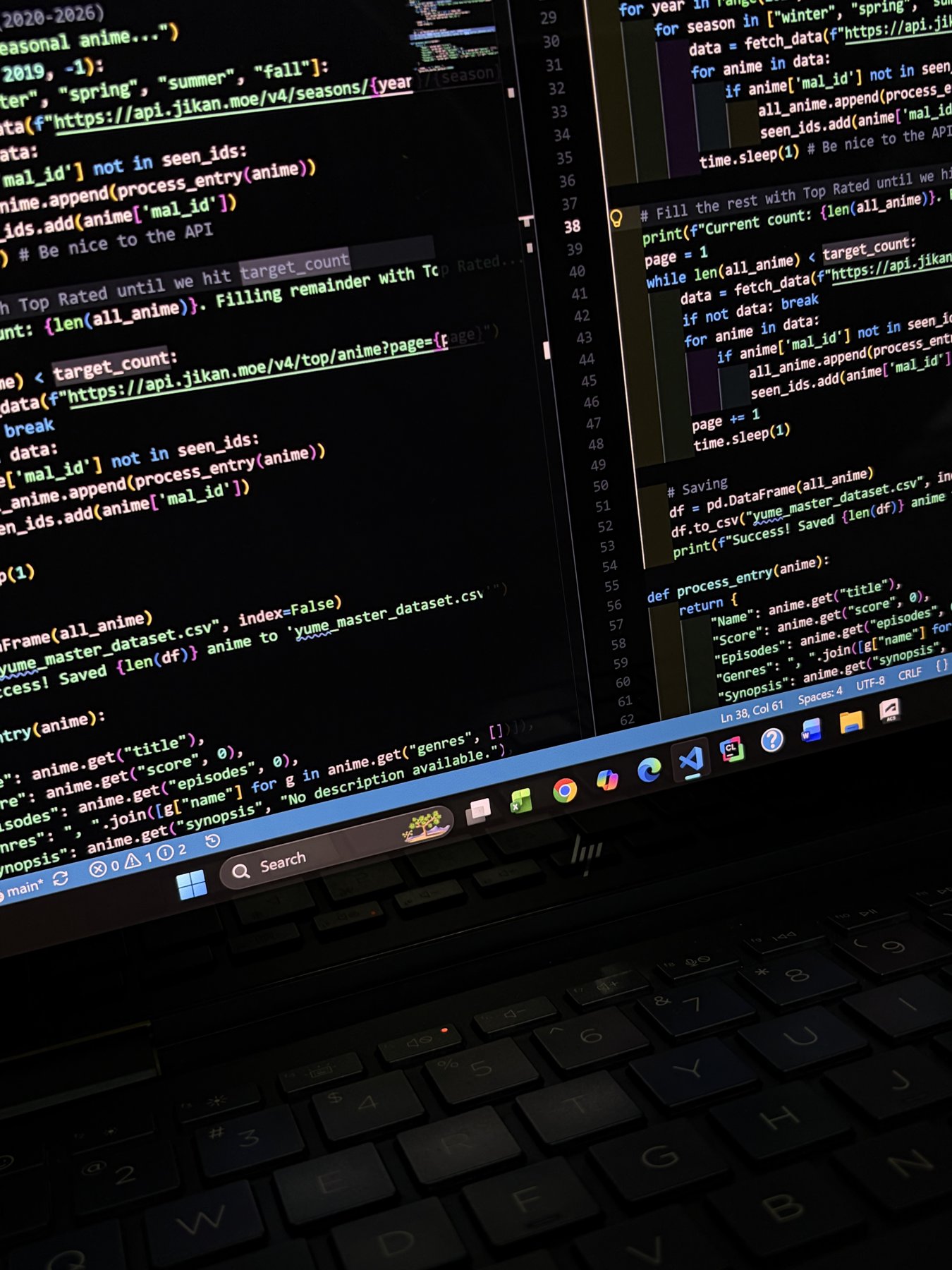 Python code for an anime dataset pipeline on a laptop screen