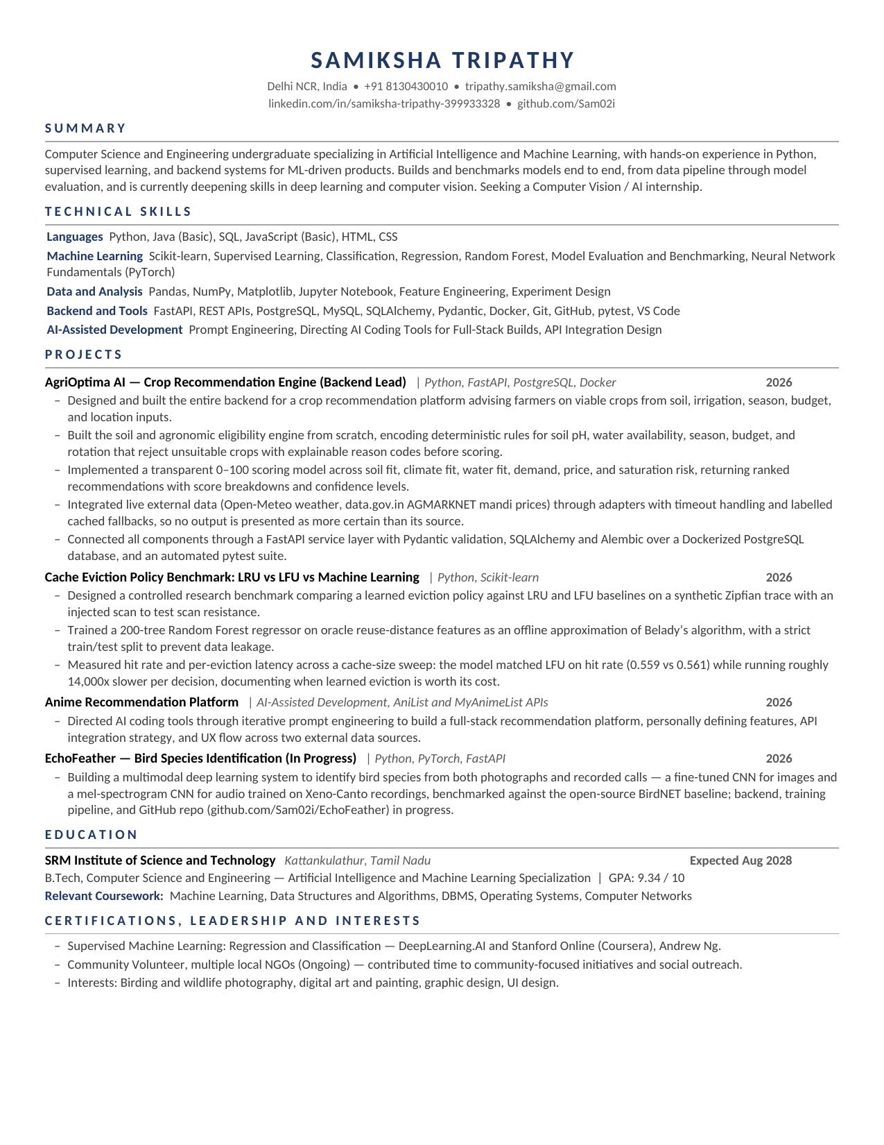 Resume of Samiksha Tripathy