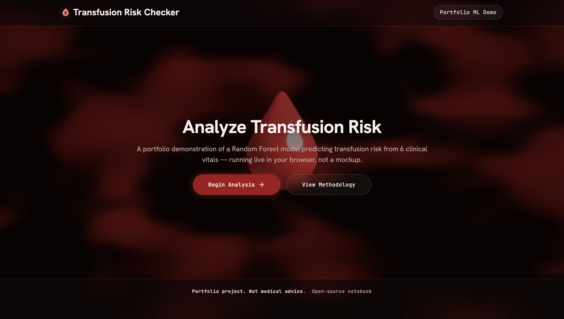 Live result screen from the trained Random Forest model estimating transfusion risk, showing a 68% elevated risk gauge
